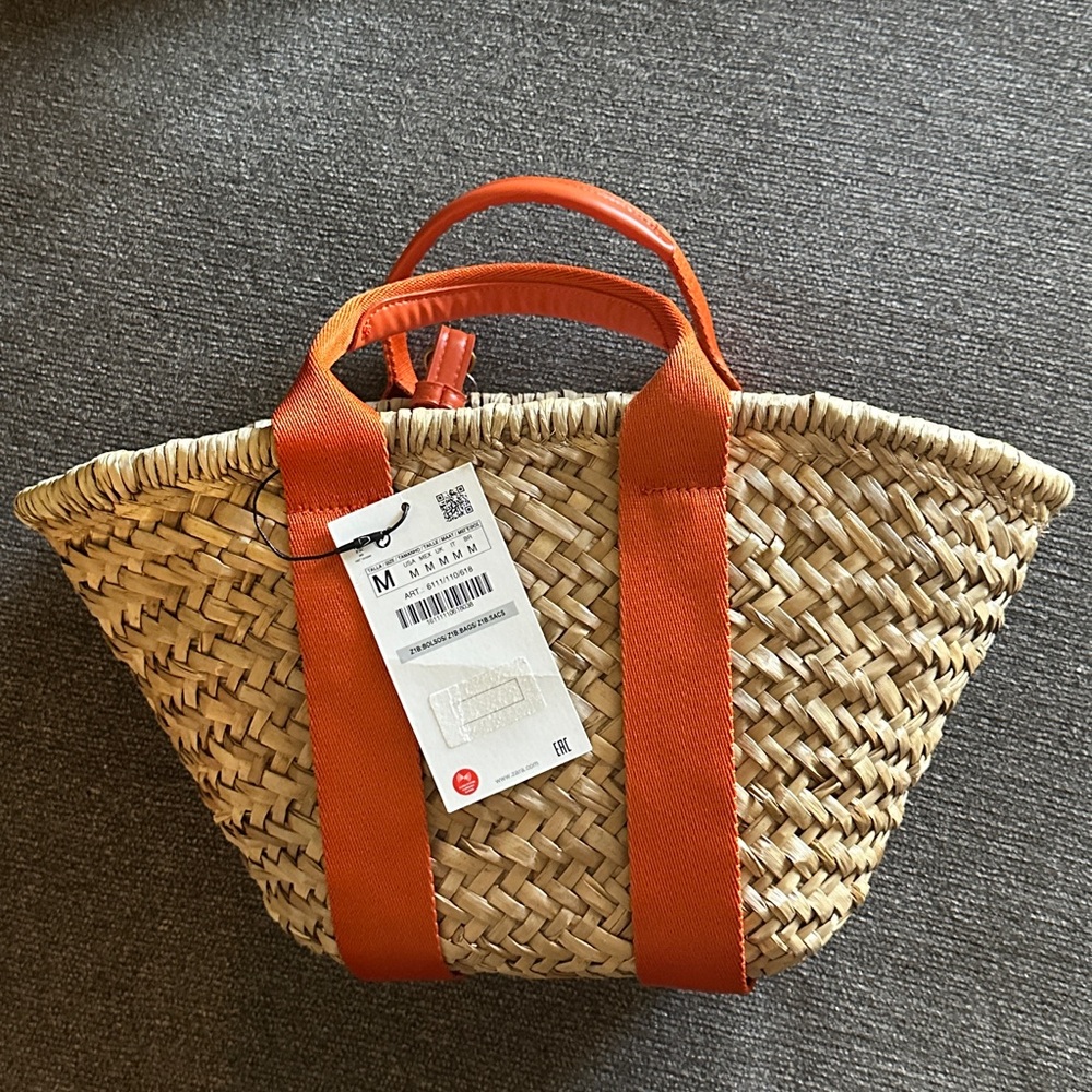 Zara Straw Tote Bag with Orange Handles